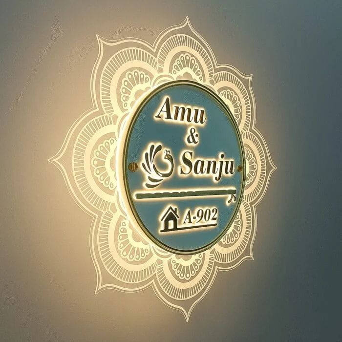 Personalized Name Plate light for wall: unique name plates for home – 18″ Mandala Acrylic LED Name Plate