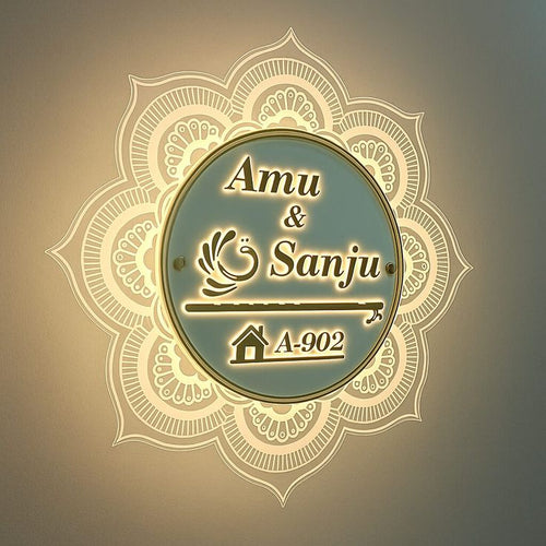 Personalized Name Plate light for wall: unique name plates for home – 18″ Mandala Acrylic LED Name Plate